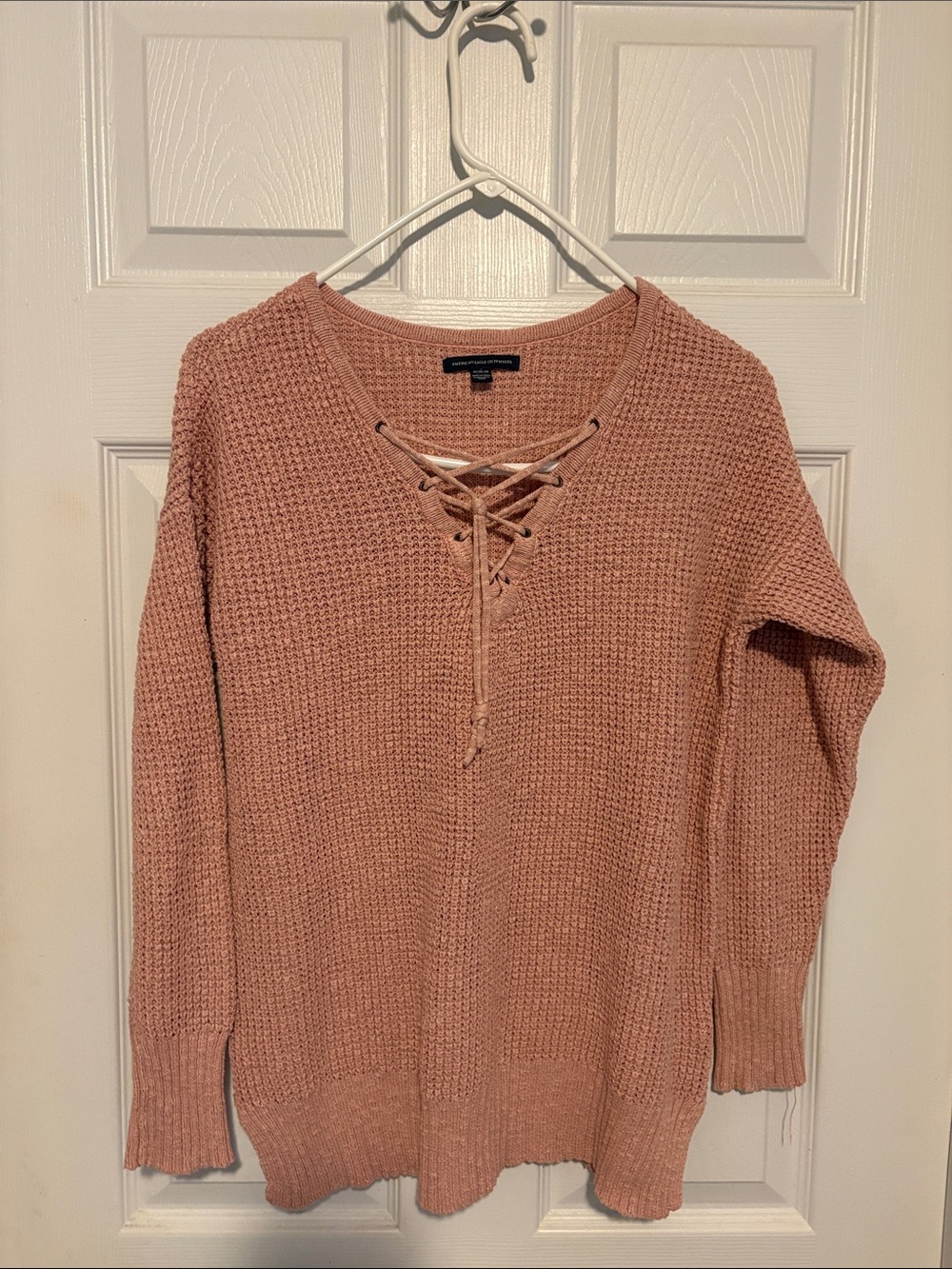 American Eagle Lace-Up Waffle Knit V-Neck Sweater - Dusty Rose